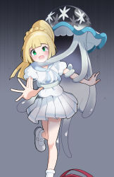  absurdres blonde_hair blunt_bangs braid commentary_request drooling eyelashes female green_eyes grey_background highres kabi_killer knees leg_up lillie_(pokemon) long_hair mouth_drool nihilego open_mouth pleated_skirt pokemon pokemon_(creature) pokemon_sm ponytail shirt shoes short_sleeves skirt socks spread_fingers tearing_up tentacle tentacle_around_neck white_shirt white_skirt white_socks 