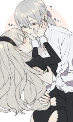  1boy absurdres black_hairband closed_eyes closed_mouth corrin_(female)_(fire_emblem) corrin_(fire_emblem) couple facing_another female fire_emblem fire_emblem_fates grey_eyes hair_between_eyes hairband highres jakob_(fire_emblem) kita_282 looking_at_another pointy_ears straight 