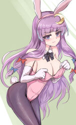  animal_ear_hairband animal_ears black_bow black_bowtie blush bow bowtie breasts bunny_day cleavage commentary_request crescent crescent_pin detached_collar elbow_gloves embarrassed fake_animal_ears fake_tail female gloves hairband hairbow highleg highleg_leotard highres large_breasts leotard long_hair multiple_hair_bows namiki_(remiter00) pantyhose patchouli_knowledge pink_leotard playboy_bunny purple_eyes purple_hair rabbit_ears rabbit_tail solo strapless strapless_leotard tail touhou white_gloves 