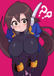  ? ?? absurdres aile_(mega_man_zx) bent_over black_bodysuit black_eyes blue_jacket blush bodysuit bodysuit_under_clothes breasts breath brown_hair buzzlyears cowboy_shot cropped_jacket female highres huge_breasts jacket long_hair looking_at_viewer mega_man_(series) mega_man_zx mega_man_zx_advent no_pants open_clothes open_jacket pink_background ponytail ringed_eyes robot_ears simple_background solo 