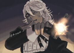  1boy alternate_costume blue_eyes bullet crossdressing eyepatch fire_emblem fire_emblem_fates gun hair_between_eyes highres holding holding_gun holding_weapon maid maid_headdress male_focus niles_(fire_emblem) shiranashi_z solo weapon white_hair 