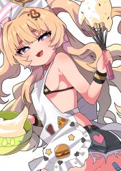  :d absurdres alternate_costume apron ass azur_lane bache_(azur_lane) bandaid bandaid_on_ass bare_shoulders bikini black_bikini blonde_hair blue_shorts blush cooking curly_hair female from_below from_side hair_between_eyes half-closed_eyes hands_up heart heart-shaped_pupils heart_print highres long_hair looking_at_viewer looking_back looking_down micro_shorts navel print_apron purple_eyes revealing_clothes sekienji shorts smile solo star_(symbol) star_print swimsuit symbol-shaped_pupils thighs torn_clothes torn_shorts very_long_hair w_arms white_apron 