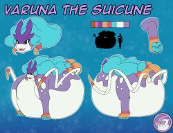  belly broken_horn female feral fur generation_2_pokemon hi_res horn hyperchibiabsol legendary legendary_pokemon markings model_sheet multicolor_mane nintendo obese overweight pawpads paws pokemon pokemon_(species) quadruped ribbon_tails suicune thick_thighs varuna varuna_the_suicune 