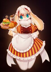  :3 absurdres animal_ears apron aqua_eyes backlighting black_background bloom body_fur breasts burger cheese cleavage_cutout clothing_cutout commission cropped_legs cup disposable_cup dress drinking_straw ears_down eyelashes female fewer_digits food french_fries frills furry furry_female gloves hair_ornament hairclip hand_on_own_hip highres large_breasts lettuce maid_headdress mane mole mole_under_eye original puffy_short_sleeves puffy_sleeves rabbit_ears rabbit_girl short_sleeves simple_background soda solo striped_clothes striped_dress tomato tray uyu_(soda_uyu) vertical-striped_clothes vertical-striped_dress waitress white_apron white_gloves white_hair 