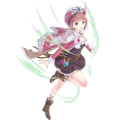  atelier_(series) atelier_questboard atelier_rorona blue_eyes boots breasts brown_dress brown_footwear brown_hair capelet cleavage commentary_request dress female full_body hat highres jacket long_sleeves looking_at_viewer medium_breasts official_art open_mouth pink_hat pink_jacket rorolina_frixell second-party_source short_hair simple_background smile solo standing standing_on_one_leg swirl white_background white_capelet 