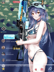  3_iq_tuna arknights baseball_cap bikini breasts ch&#039;en_(arknights) ch&#039;en_the_holungday_(arknights) cowboy_shot dragon_girl dragon_horns dragon_tail english_commentary english_text eyewear_on_headwear female from_side hair_between_eyes hat highres holding holding_water_gun horns horns_through_headwear large_breasts long_hair looking_at_viewer multi-strapped_bikini_bottom navel parted_lips red_eyes rhodes_island_logo_(arknights) solo stomach string_bikini sunglasses swimsuit tail teeth underboob upper_teeth_only water_gun 