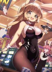  +_+ 2girls animal_ears black_leotard black_pants black_pantyhose black_vest bow bowtie breasts brown_eyes casino commentary covered_navel cup detached_collar drinking_glass furry furry_female highres holding holding_tray indoors jitome large_breasts leotard light_brown_hair long_hair long_sleeves looking_at_viewer multiple_girls original pants pantyhose pink_hair playboy_bunny poker_chip rabbit_ears rabbit_girl rabbit_tail red_bow red_bowtie round_teeth shiny_clothes shirt slot_machine strapless strapless_leotard sweatdrop tail teeth tray unya282 upper_teeth_only vest waitress white_shirt wine_glass wrist_cuffs 