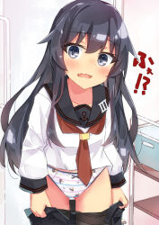  akatsuki_(kancolle) anchor_symbol beritabo black_hair black_sailor_collar black_skirt blush bow bow_panties brown_pantyhose clothes_pull collarbone commentary_request failure_penguin female grey_eyes hair_between_eyes highres indoors kantai_collection long_hair long_sleeves looking_at_viewer miss_cloud neckerchief nose_blush oerba_yun_fang open_mouth panties pantyhose pantyhose_pull puffy_long_sleeves puffy_sleeves red_neckerchief sailor_collar school_uniform serafuku shirt skirt skirt_pull solo standing striped_clothes striped_panties translation_request underwear very_long_hair wavy_mouth white_panties white_shirt 