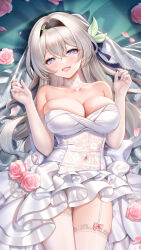  absurdres alternate_costume bare_shoulders black_hairband breasts bridal_veil cleavage dakimakura_(medium) dress elbow_gloves female firefly_(honkai:_star_rail) flower gloves grey_hair hair_between_eyes hair_intakes hairband highres honkai:_star_rail honkai_(series) jg&amp;solin large_breasts long_hair looking_at_viewer lying navel open_mouth rose smile strapless strapless_dress thighhighs two-tone_eyes veil white_dress white_gloves white_thighhighs 