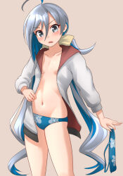  bikini blue_bikini breasts cowboy_shot floral_print grey_eyes grey_hair hood hooded_jacket jacket kantai_collection kiyoshimo_(kancolle) kiyoshimo_kai_ni_(kancolle) kiyoshimo_kai_ni_(swimsuit_mode)_(kancolle) low_twintails navel official_alternate_costume one-hour_drawing_challenge ray.s small_breasts swimsuit twintails unworn_bikini_top white_jacket 