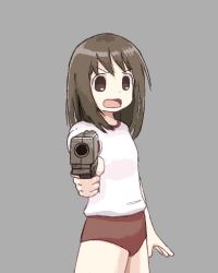  absurdres aiming aiming_at_viewer azumanga_daiou brown_eyes brown_hair buruma commentary cowboy_shot female grey_background gun gym_shirt highres holding holding_gun holding_weapon kasuga_ayumu looking_at_viewer nonounno open_mouth red_buruma shirt short_sleeves simple_background solo standing weapon white_shirt 