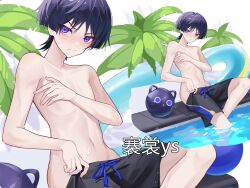  1boy 42shang artist_name black_male_swimwear blush chinese_text closed_mouth genshin_impact hair_between_eyes innertube looking_at_viewer male_focus male_swimwear navel purple_eyes purple_hair scaramouche_(cat)_(genshin_impact) scaramouche_(genshin_impact) short_hair stomach swim_ring topless_male zoom_layer 