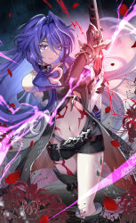  acheron_(honkai:_star_rail) artist_logo bandaged_arm bandages belt black_belt black_choker black_coat black_gloves black_shirt black_shorts body_markings boots breasts chain_around_arm chains choker coat coattails commentary_request cowboy_shot crop_top diamond-shaped_pupils diamond_(shape) drawing_sword electricity eyes_visible_through_hair female gloves glowing glowing_sword glowing_weapon hair_between_eyes hair_over_one_eye highres holding holding_sword holding_weapon honkai:_star_rail honkai_(series) katana knee_boots large_breasts leg_tattoo long_hair looking_at_viewer midriff multicolored_hair navel parted_lips purple_eyes purple_hair rain red_spider_lily scabbard sheath shirt shorts single_knee_boot single_thigh_boot solo streaked_hair sword symbol-shaped_pupils tattoo thigh_boots twitter_username unsheathing very_long_hair wanatsu_15 weapon 