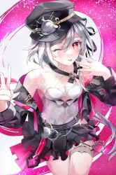  absurdres bare_shoulders black_hat black_jacket black_skirt breasts cleavage cowboy_shot ec44gp4lflmi1wz female fu_hua fu_hua_(herrscher_of_sentience) fu_hua_(turn_up_the_music!)_(herrscher_of_sentience) grey_hair hat highres honkai_(series) honkai_impact_3rd jacket jingwei_(bird) long_hair miniskirt official_alternate_costume one_eye_closed pink_background red_eyes shirt skirt sleeveless sleeveless_shirt solo thighs tongue tongue_out two-tone_background v white_background white_shirt 