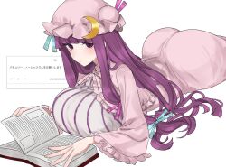  ass book breasts crescent crescent_hat_ornament dress eurasia_(wtp09ptw14) female hat hat_ornament highres huge_ass large_breasts lying mob_cap on_stomach patchouli_knowledge purple_eyes purple_hair robe solo striped_clothes striped_dress touhou white_background white_dress 