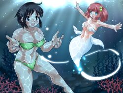  2girls at_night_in_a_party:_the_whisper_of_the_sea big_breasts bikini black_eyes black_hair blue_eyes breasts collarbone female female_only foxeye_(artist) foxeye_limited_game_collection game_cg good_end good_ending green_bikini karin_(foxeye) mermaid navel original red_hair rittie_(foxeye) solo solo_female strapless_bikini strapless_bra swimming swimsuit underwater 