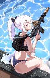  absurdres ass assault_rifle backpack bag bare_shoulders bikini blue_archive blue_bikini blue_bow bow brn-180 closed_mouth clov3r commentary dimples_of_venus female from_behind gun hair_intakes hairbow highres holding holding_gun holding_weapon light_smile long_hair looking_at_viewer looking_back looking_to_the_side miyako_(blue_archive) ponytail poolside purple_eyes rifle side-tie_bikini_bottom sitting soaking_feet solo suppressor swimsuit thighs water weapon white_hair 