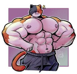  2024 abs anthro areola barazoku biceps big_muscles big_pecs border bottomwear clothed clothing deltoids domestic_cat dot_eyes emanata epic_games felid feline felis flexing fortnite fur hi_res huge_muscles huge_pecs its_coldpizza male mammal manly meowscles muscular muscular_anthro muscular_male navel nipples pants pecs purple_background serratus signature simple_background smile solo standing sweatpants thick_arms topless topless_anthro topless_male tuft white_border 