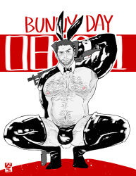  1boy animal_ears arm_behind_head ass_visible_through_thighs bara bare_pectorals beard_stubble belly blush bulge bunny_day chris_redfield facial_hair fake_animal_ears frontless_outfit gloves highres huge_pectorals latex latex_legwear looking_at_another looking_at_viewer male_focus male_playboy_bunny mature_male meme_attire muscular muscular_male navel navel_hair nipples pectorals plump rabbit_ears rabbit_tail resident_evil reverse_bunnysuit reverse_outfit short_hair shrug_(clothing) stomach stubble surugi_(9zs0xk) tail thick_eyebrows thick_thighs thighhighs thighs 