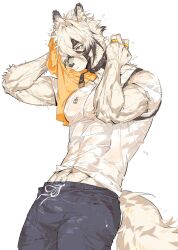  1boy abs animal_ear_fluff animal_ears arms_up biceps black_choker black_hair black_shorts body_fur choker closed_mouth collarbone commentary expressionless eyepatch furry furry_male hair_between_eyes hair_intakes haru41113 highres holding holding_towel jewelry male_focus multicolored_hair muscular muscular_male muzzle navel one_eye_covered pectorals red_eyes ring shirt short_hair short_sleeves shorts solo stomach streaked_hair symbol-only_commentary t-shirt tail towel veins von_lycaon wet wet_clothes wet_shirt white_fur white_hair white_shirt wolf_boy wolf_ears wolf_tail zenless_zone_zero 