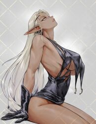  arm_support bare_shoulders bottomless breasts circlet covered_nipples dark_elf dark_skin elf gabriel_carrasquillo gloves highres large_breasts legs_together long_hair parted_lips pirotess pointy_ears record_of_lodoss_war sitting torn_clothes white_hair yellow_eyes 