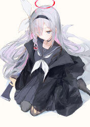  absurdres black_choker black_coat black_eyes black_hairband black_sailor_collar black_serafuku blue_archive blush braid choker coat colored_inner_hair female hair_over_one_eye hairband halo heart heart_halo highres ichika_(ichika87) long_hair looking_at_viewer multicolored_hair neckerchief pink_hair pink_halo plana_(blue_archive) red_halo red_pupils ribbon sailor_collar school_uniform serafuku simple_background sitting solo wariza white_background white_choker white_hair white_neckerchief white_ribbon 