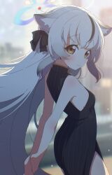  absurdres animal_ear_fluff animal_ears arms_behind_back bare_arms bare_shoulders black_dress black_hair blue_archive blurry blurry_background blush breasts brown_eyes closed_mouth depth_of_field dress female from_side grey_hair halo highres kokona_(blue_archive) long_hair looking_at_viewer looking_to_the_side multicolored_hair okota_mikan sleeveless sleeveless_dress small_breasts solo streaked_hair striped_clothes striped_dress vertical-striped_clothes vertical-striped_dress very_long_hair 