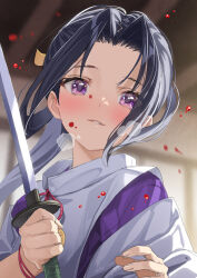  1boy black_hair blood blood_spray blurry blurry_background blush bow commentary_request hands_up holding holding_sword holding_weapon houjou_tokiyuki_(nige_jouzu_no_wakagimi) indoors japanese_clothes kariginu katana long_hair looking_at_viewer male_focus motoyui nige_jouzu_no_wakagimi parted_bangs parted_lips ponytail puff_of_air purple_eyes scene_reference sidelocks_tied_back solo sword weapon wooden_ceiling yahako 