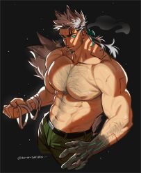  1boy abs animal_ears ao_n_shiro bandaged bara cigarette cowboy_shot gradient_skin grey_fur grey_hair hairy highres large_pectorals looking_at_viewer male_focus mature_male muscular muscular_male navel navel_hair nipples original pectorals solo standing stomach tail thick_eyebrows topless_male wolf_boy wolf_ears wolf_tail 