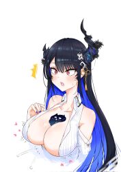  asymmetrical_horns bare_shoulders between_breasts black_hair blue_hair bluenerd8 blush breasts cleavage colored_inner_hair demon_horns female hair_ornament highres hololive hololive_english horns jailbird_(nerissa_ravencroft) large_breasts long_hair looking_at_viewer mole mole_under_eye multicolored_hair nerissa_ravencroft nerissa_ravencroft_(1st_costume) red_eyes smile solo two-tone_hair unbuttoned uneven_horns upper_body very_long_hair virtual_youtuber 