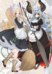  2girls alternate_costume apron black_dress blazing_cartesia_the_virtuous blonde_hair boots breasts cleavage colored_skin dress duel_monster ecclesia_(yu-gi-oh!) enmaided grey_eyes grey_hair high_heels highres horns incredible_ecclesia_the_virtuous large_breasts long_hair maid maid_apron maid_headdress multiple_girls pointy_ears ponytail red_eyes white_skin wtus2283 yu-gi-oh! 