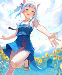  animal_ears blue_eyes blue_hair blue_nails blue_skirt blush cat_ears cloud commentary_request cube_hair_ornament day falling_petals feet female fins fish_tail floating_clothes floating_hair flower foot_out_of_frame frilled_sleeves frills gawr_gura gawr_gura_(casual) grey_hair hair_ornament highres hololive hololive_english long_hair looking_at_viewer maro2ki3 multicolored_hair nail_polish official_alternate_costume official_alternate_hairstyle open_mouth outdoors outstretched_arms petals sandals shark_girl shark_tail sharp_teeth shirt short_sleeves side_ponytail skirt skirt_set smile solo spread_arms standing standing_on_one_leg streaked_hair sunflower suspenders tail teeth toenail_polish toenails toes tongue virtual_youtuber white_shirt 