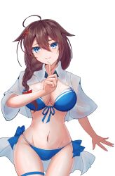  ahoge akatsuki_hikaru bikini black_ribbon blue_bikini blue_eyes braid breasts brown_eyes female front-tie_bikini_top front-tie_top hair_between_eyes hair_flaps hair_over_shoulder highres index_finger_raised kantai_collection large_breasts long_hair neck_ribbon official_alternate_costume open_clothes open_shirt ribbon shigure_(kancolle) shigure_kai_san_(kancolle) shigure_kai_san_(swimsuit)_(kancolle) shirt side-tie_bikini_bottom simple_background single_braid smile solo swimsuit thigh_gap transparent_background white_shirt 