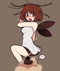  1other black_shorts blush breasts brown_background brown_eyes brown_hair cockroach_girl cowboy_shot crying dress female highres insect_wings medium_breasts open_mouth original personification pov pov_hands short_hair shorts simple_background sleeveless sleeveless_dress white_dress wings yumeyuk0 