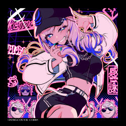  alternate_costume baseball_cap black_hat black_shirt blue_hair breasts character_name commentary_request copyright_name cropped_shirt english_text hat highres hololive hololive_indonesia jacket large_breasts long_hair multicolored_hair pavolia_reine pochi_(pochi-goya) purple_hair shirt two-tone_hair virtual_youtuber white_jacket 