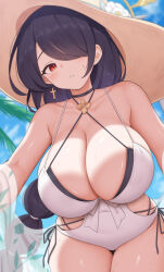  bare_shoulders black_choker black_hair blue_archive blush breasts choker cleavage collarbone commentary_request covered_navel cross cross_earrings earrings female hair_over_one_eye hat highres hinata_(blue_archive) hinata_(swimsuit)_(blue_archive) jewelry large_breasts long_hair looking_at_viewer official_alternate_costume one-piece_swimsuit one_eye_covered outdoors parted_lips red_eyes see-through solo swimsuit wet white_one-piece_swimsuit yasojima_nejiro 