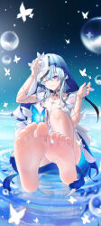  absurdres barefoot blue_butterfly blue_hair blue_nails blue_veil breasts bubble bug butterfly cleavage closed_mouth collarbone commentary_request dress feet feet_up female foot_focus hair_between_eyes hand_up highres large_breasts liangji_uu looking_at_viewer medium_hair nail_polish one_eye_closed partial_commentary purple_eyes reflection reflective_water ripples sidelocks sitting smile soles solo tacet_mark_(wuthering_waves) the_shorekeeper_(wuthering_waves) toenail_polish toenails toes two-tone_veil white_butterfly white_dress white_veil wuthering_waves 