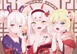  3girls absurdres alternate_costume animal_ears azur_lane bache_(azur_lane) blonde_hair chinese_new_year choker commentary_request fake_animal_ears floral_print flower hair_between_eyes hair_flower hair_ornament hairband highres indoors japanese_clothes kimono laffey_(azur_lane) laffey_(snow_rabbit_and_candy_apple)_(azur_lane) long_sleeves looking_at_viewer multiple_girls official_alternate_costume painnico print_kimono purple_eyes purple_kimono rabbit_ears red_choker red_eyes red_flower red_hairband sarashi shimakaze_(azur_lane) upper_body white_flower white_hair wide_sleeves yellow_eyes 