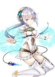  +_+ atelier_(series) atelier_questboard atelier_sophie bare_shoulders bracelet breasts cable cable_tail closed_mouth clothing_cutout covered_navel crystal female frilled_leotard frilled_thighhighs frills full_body glowing green_eyes grey_hair jewelry leotard long_hair looking_at_viewer low_ponytail mechanical_tail navel_cutout official_art plachta second-party_source sitting small_breasts smile solo tail thighhighs white_background white_thighhighs 