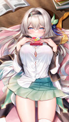  absurdres alternate_costume blush book breasts button_gap cleavage dakimakura_(medium) female firefly_(honkai:_star_rail) green_skirt grey_hair hair_between_eyes hair_intakes highres honkai:_star_rail honkai_(series) jg&amp;solin large_breasts long_hair looking_at_viewer lying pleated_skirt school_uniform shirt skirt smile thighhighs two-tone_eyes white_shirt white_thighhighs 