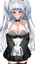  absurdres apron azur_lane black_bow black_bowtie black_dress black_sleeves black_thighhighs blush bow bowtie breasts cleavage closed_mouth commentary commission cowboy_shot detached_collar detached_sleeves dragon_girl dragon_horns dress female gloves hair_on_horn highres horns large_breasts layered_sleeves long_hair long_sleeves looking_at_viewer maid maid_headdress official_alternate_costume own_hands_together pixiv_commission red_eyes shimanto_(azur_lane) shimanto_(the_comfy_dragon_god)_(azur_lane) simple_background smile solo thighhighs white_apron white_background white_gloves white_hair wide_sleeves wynnblue zettai_ryouiki 