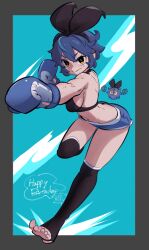  amazu_(kurozu) bare_shoulders black_ribbon black_tank_top blue_gloves blue_hair blue_shorts boxing_gloves brown_eyes dif_(difman) female full_body gloves hair_ribbon happy_birthday highres mole mole_under_eye original ribbon short_hair short_shorts shorts solo_focus tank_top 