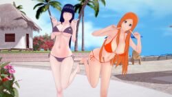  bikini bleach breasts grey_eyes highres hyuuga_hinata inoue_orihime koikatsu_(medium) large_breasts long_hair naruto_(series) naruto_shippuuden non-web_source orange_bikini orange_hair posing purple_bikini string_bikini swimsuit 