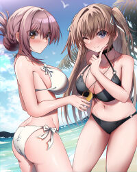  2girls ;) absurdres ass bikini bird black_bikini black_choker blue_eyes blue_sky blush bow bow_bikini breasts brown_eyes brown_hair choker closed_mouth collarbone commentary_request cowboy_shot curvy day folded_ponytail gabanborjarnon hair_intakes hair_ribbon halterneck hand_up highres index_finger_raised large_breasts lens_flare long_hair looking_at_viewer multiple_girls nagayama_kana navel o-ring o-ring_bikini o-ring_top ocean one_eye_closed outdoors pink_hair ribbon sakura_no_toki sanpaku seagull short_hair shy sidelocks sky smile split_mouth steepled_fingers straight_hair swimsuit thighs toritani_makoto two_side_up v-shaped_eyebrows very_long_hair white_bikini white_bow white_ribbon 