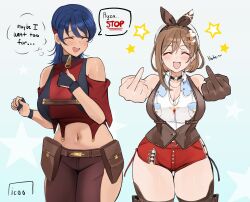  2girls atelier_(series) atelier_ryza atelier_ryza_3 belt belt_pouch blue_hair braid breasts brown_belt brown_eyes brown_hair brown_pants carmen99 cleavage crossover crown_braid english_text gloves gunxsword hair_ornament hat highres icoo jewelry large_breasts multiple_girls navel pants pouch red_shorts reisalin_stout short_hair short_shorts shorts smile solo speech_bubble star_(symbol) thighhighs thighs thought_bubble 