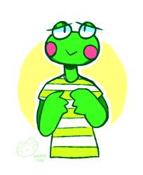  2016 3_fingers amphibian anthro artist_name bent_arm cheek_spots chotpot closed_smile clothed clothed_anthro clothed_male clothing colored dated digital_drawing_(artwork) digital_media_(artwork) fingers frog green_body green_skin half-closed_eyes half-length_portrait keroppi looking_at_viewer male mouth_closed narrowed_eyes pattern_clothing pattern_shirt pattern_t-shirt pattern_topwear pink_cheeks portrait sanrio shaded shirt simple_shading slim_anthro slim_male smile smiling_at_viewer solo striped_clothing striped_shirt striped_t-shirt striped_topwear stripes t-shirt text topwear white_clothing white_shirt white_t-shirt white_topwear year yellow_clothing yellow_shirt yellow_t-shirt yellow_topwear 