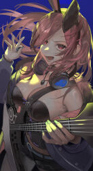  animal_ears bass_guitar black_corset black_hair black_tube_top breasts choker cleavage corset cross-laced_clothes cross-laced_corset female fur-trimmed_jacket fur_trim guitar_strap hair_over_one_eye headphones headphones_around_neck highres holding holding_bass_guitar holding_instrument holding_plectrum hololive hololive_english instrument jacket jewelry kouhiipan large_breasts leggings long_hair looking_at_viewer mori_calliope mori_calliope_(9th_costume) multicolored_hair necklace official_alternate_costume pantyhose parka pink_eyes pink_hair plectrum purple_nails skull_necklace skull_ornament smile solo strapless streaked_hair torn_clothes torn_leggings torn_pantyhose tube_top virtual_youtuber 