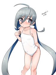  absurdres ahoge alternate_costume arm_behind_back casual_one-piece_swimsuit feet_out_of_frame female grey_eyes grey_hair hair_between_eyes hair_ribbon highres kantai_collection kiyoshimo_(kancolle) low_twintails maru_(marg0613) one-hour_drawing_challenge one-piece_swimsuit ribbon simple_background solo standing swimsuit twintails white_background white_one-piece_swimsuit 