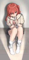  absurdres bocchi_the_rock! bound bound_ankles bound_wrists chains collar commission cuffs female green_eyes half-closed_eyes highres kita_ikuyo lock medium_hair metal_collar on_floor padlock red_hair school_uniform second-party_source shackles sitting skeb_commission smile socks solo user_jhdy3238 