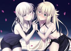  2girls absurdres ahoge artoria_caster_(fate) artoria_caster_(swimsuit)_(fate) artoria_caster_(swimsuit)_(first_ascension)_(fate) artoria_pendragon_(fate) asymmetrical_clothes bare_shoulders bikini black_camisole black_pants black_ribbon black_shorts blonde_hair blush breasts camisole cleavage collarbone fate/grand_order fate_(series) green_eyes hair_ribbon highres jewelry long_hair longdq3008 looking_at_viewer low_ponytail medium_breasts multiple_girls navel necklace pants ribbon saber_alter saber_alter_(ver._shinjuku_1999)_(fate) short_shorts shorts sidelocks single_pantsleg swimsuit thighs twintails white_bikini yellow_eyes 